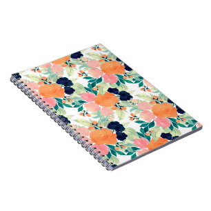 Elegant Blue Pink Orange Flowers Watercolor Floral Notebook