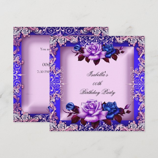 Elegant Blue Pink Purple Lilac Rose Birthday Invitation (Front/Back)