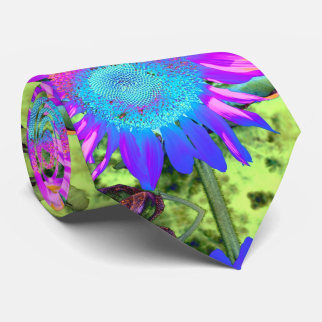 Elegant Blue pink retro funky sunflower  Tie (Rolled)
