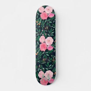 Elegant Blue Pink Rose Floral watercolor Painting Skateboard