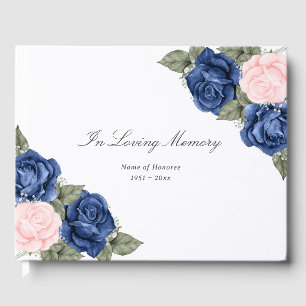 Elegant Blue Pink Roses Floral Funeral Guest Book