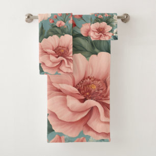 Elegant Blue Pink Spring Summer Garden Floral Bath Towel Set