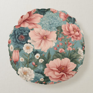 Elegant Blue Pink Spring Summer Garden Floral Round Cushion