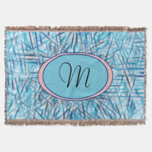 Elegant Blue Pink Watercolor Monogram  Throw Blanket