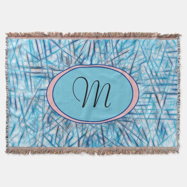 Elegant Blue Pink Watercolor Monogram  Throw Blanket (Front)