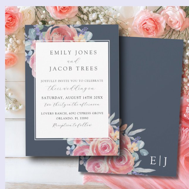Elegant Blue & Pink Watercolor Rose Wedding Invitation (Creator Uploaded)