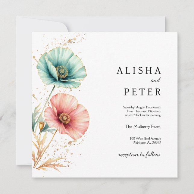 Elegant Blue & Pink Watercolor Wedding Invitation (Front)