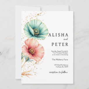 Elegant Blue & Pink Watercolor Wedding Invitation