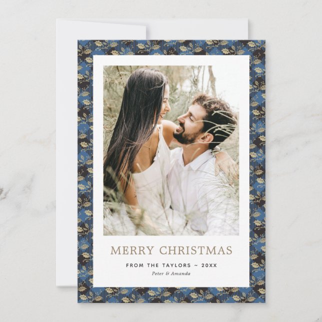 Elegant Blue Plaid Holly Photo Merry Christmas Holiday Card (Front)