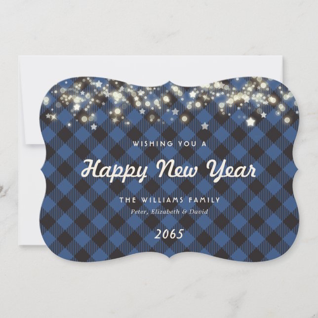 Elegant Blue Plaid New Year Card (Front)