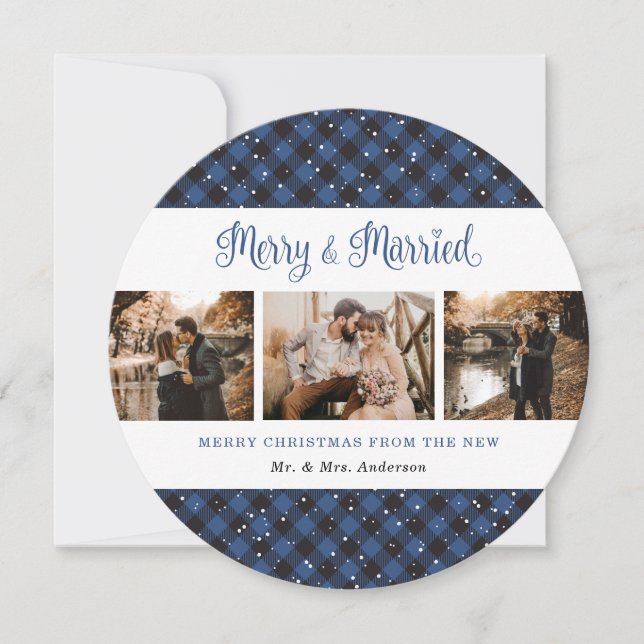 Elegant Blue Plaid Newlyweds Christmas Cards (Front)