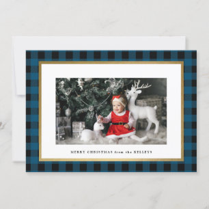 Elegant Blue Plaid Personalised Photo Holiday Card