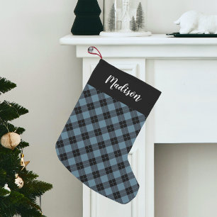 Elegant Blue Plaid Personalised Small Christmas Stocking