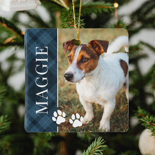 Elegant Blue Plaid Pet Name and Photo Ceramic Ornament