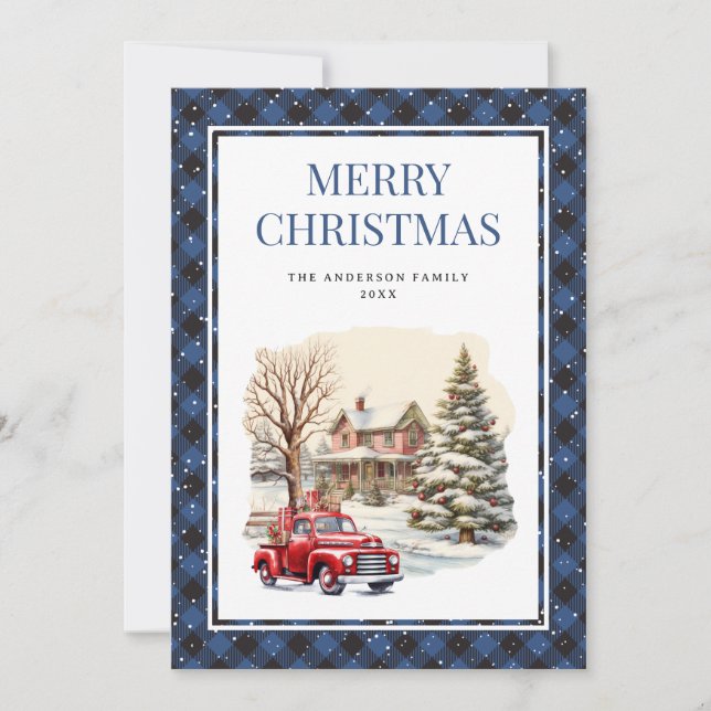 Elegant Blue Plaid Red Truck Merry Christmas Card (Front)
