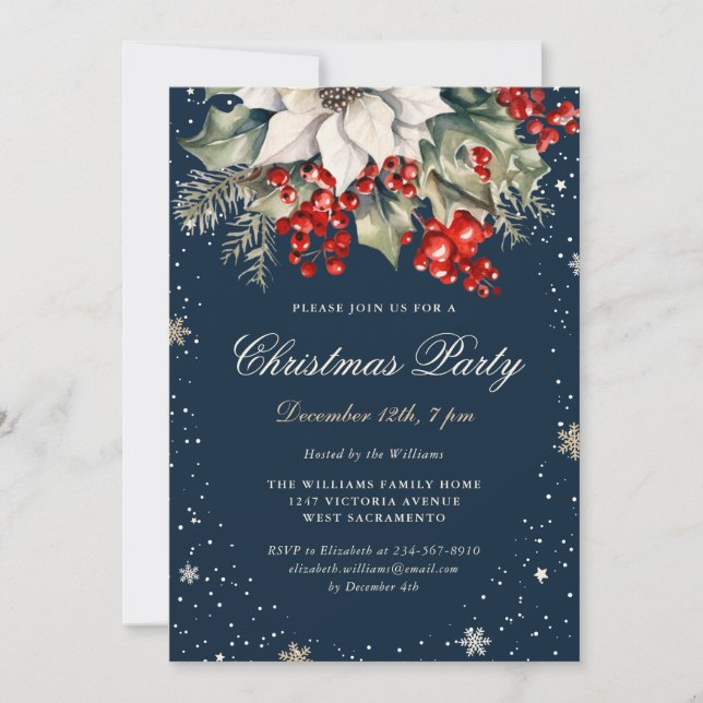 Elegant Blue Poinsettia Berries Christmas Party Invitation (Front)