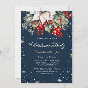 Elegant Blue Poinsettia Berries Christmas Party Invitation