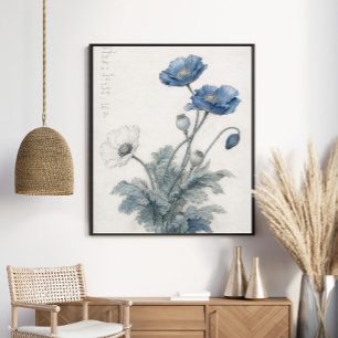 Elegant Blue Poppies Botanical Art Poster