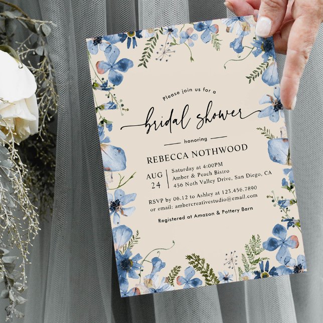 Elegant Blue Pressed Florals Beige Bridal Shower  Invitation (Creator Uploaded)
