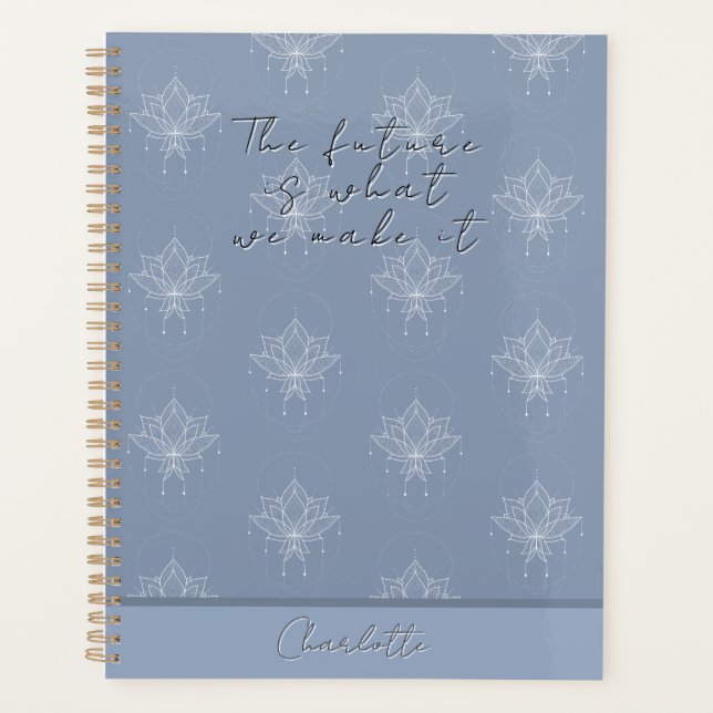 Elegant Blue Pretty Floral Lotus Future Quote Planner (Front)