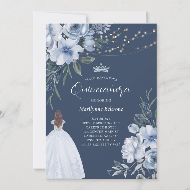 Elegant Blue Princess Quinceañera Invitation (Front)