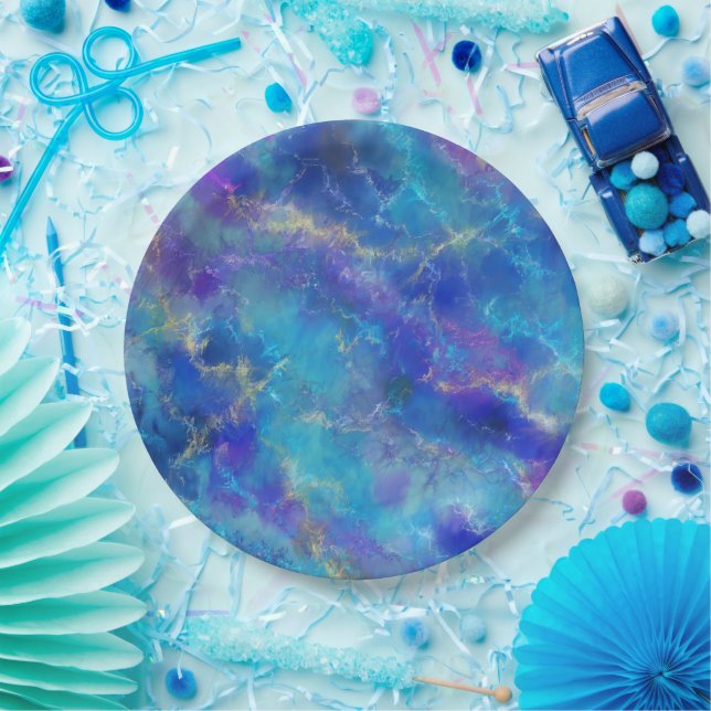 Elegant Blue, Purple, and Gold Marble Pattern Paper Plate (Party)