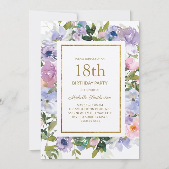 Elegant Blue Purple Floral Gold 18th Birthday Invitation (Front)