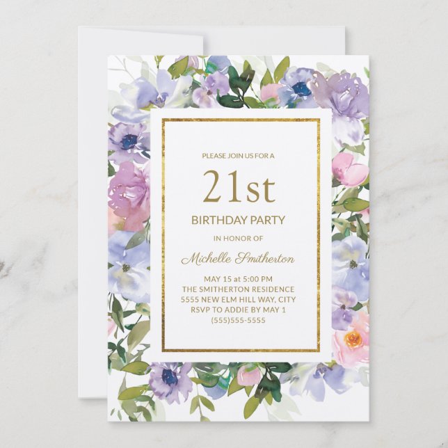 Elegant Blue Purple Floral Gold 21st Birthday Invitation (Front)
