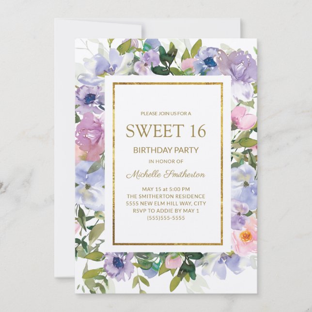Elegant Blue Purple Floral Gold Sweet 16 Birthday Invitation (Front)