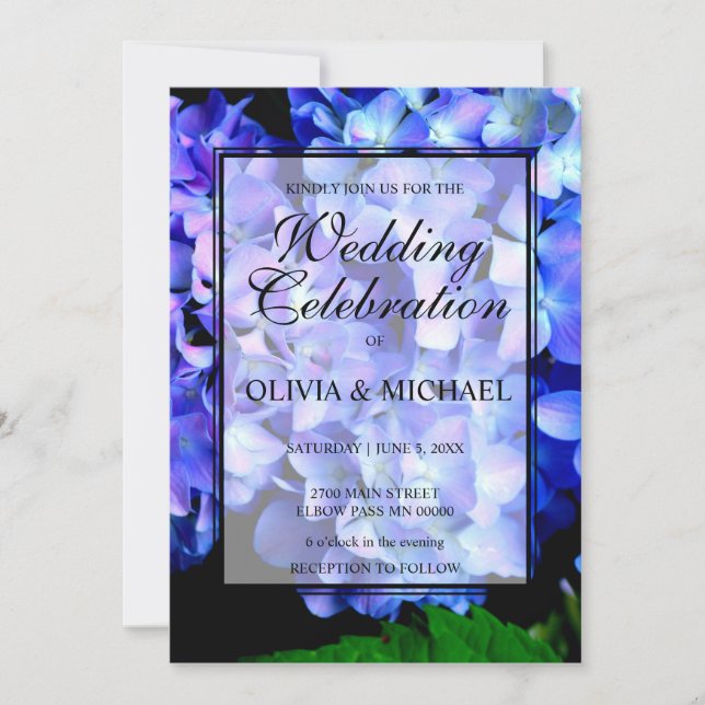 Elegant blue purple floral hydrangeas wedding invitation (Front)