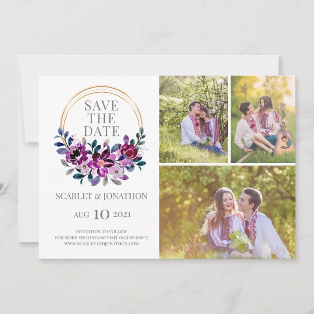 Elegant Blue Purple Floral Save The Date Photo (Front)