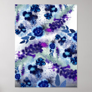 Elegant Blue Purple Flowers Painting Pattern Poster