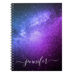 elegant blue purple galaxy stars personalized notebook