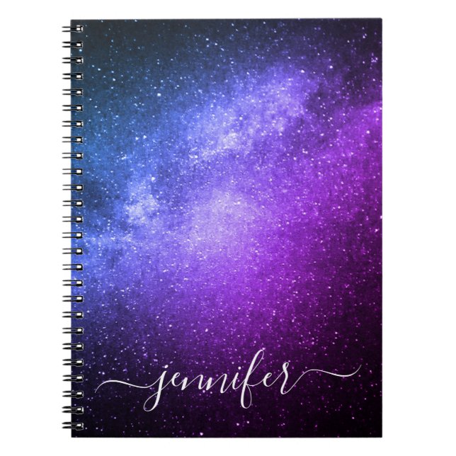 elegant blue purple galaxy stars personalized  notebook (Front)
