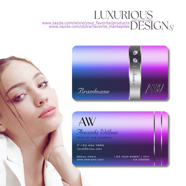 Elegant Blue Purple Gradient Silver Decor Monogram Business Card (Creator Uploaded)