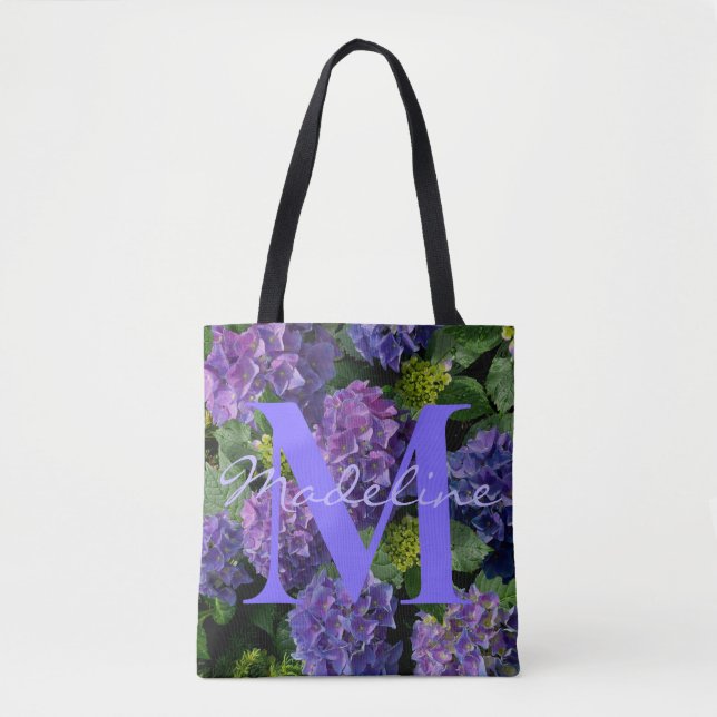 Elegant blue purple green floral monogram tote bag (Front)