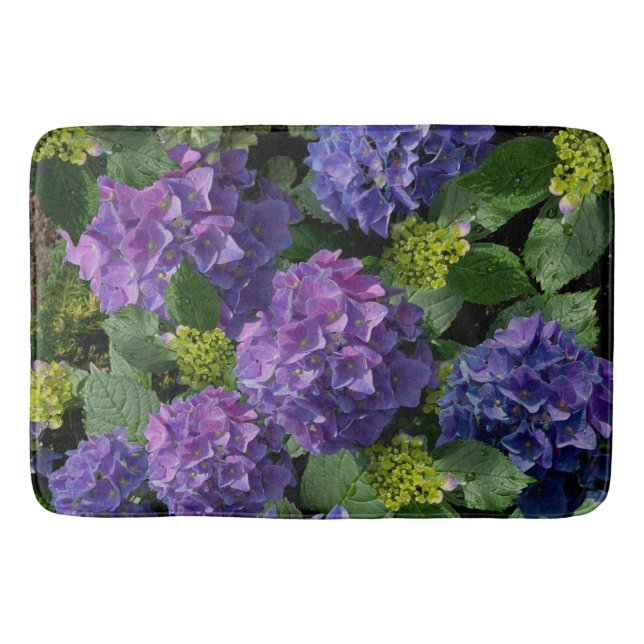 Elegant blue purple magenta green floral hydrangea bath mat (Front)