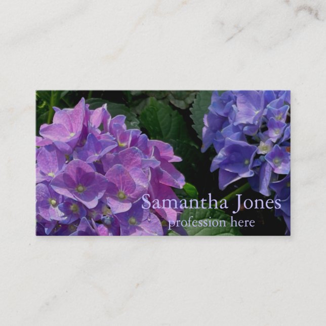 Elegant blue purple magenta green floral hydrangea business card (Front)