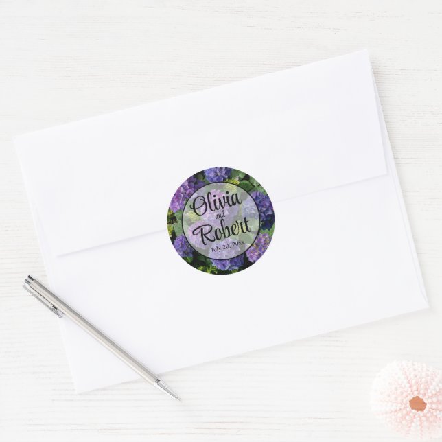 Elegant blue purple magenta green floral hydrangea classic round sticker (Envelope)