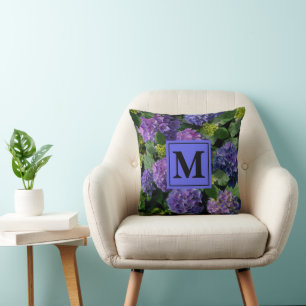 Elegant blue purple magenta green floral hydrangea cushion