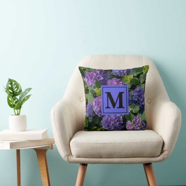 Elegant blue purple magenta green floral hydrangea cushion (Chair)