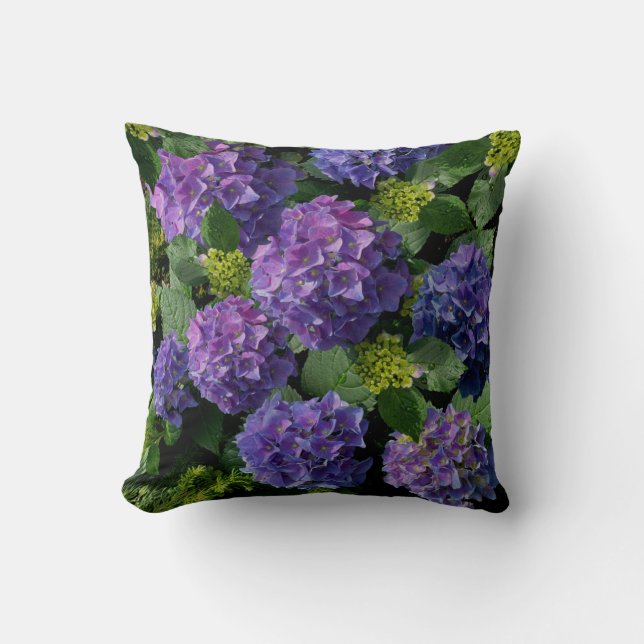 Elegant blue purple magenta green floral hydrangea cushion (Front)