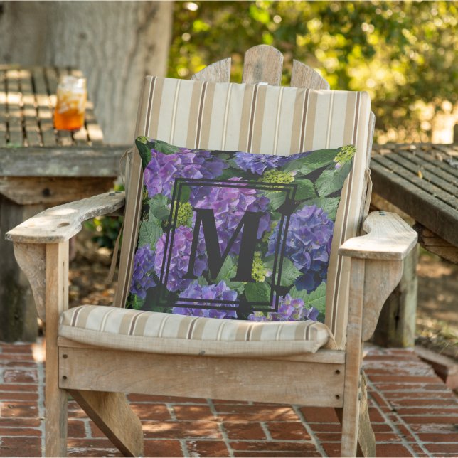Elegant blue purple magenta green floral hydrangea cushion (Chair)