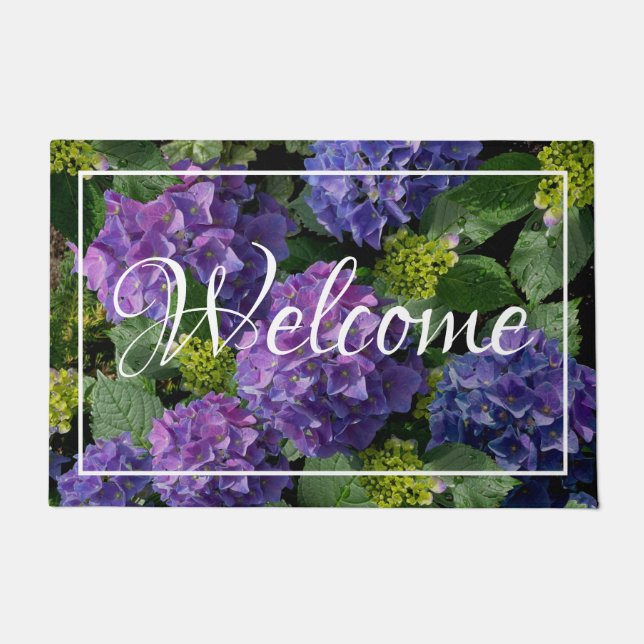 Elegant blue purple magenta green floral hydrangea doormat (Front)