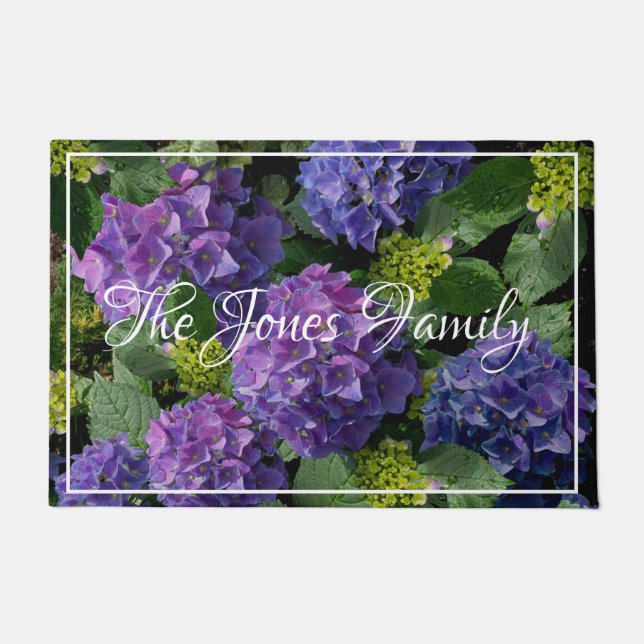 Elegant blue purple magenta green floral hydrangea doormat (Front)