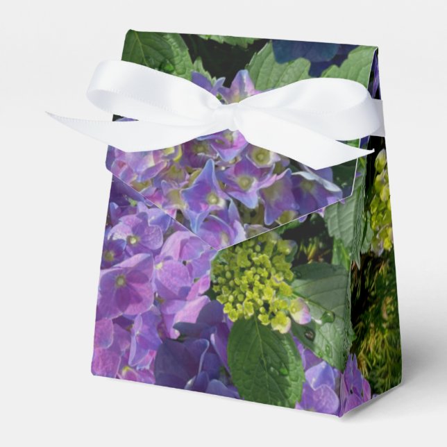 Elegant blue purple magenta green floral hydrangea favour box (Front Side)