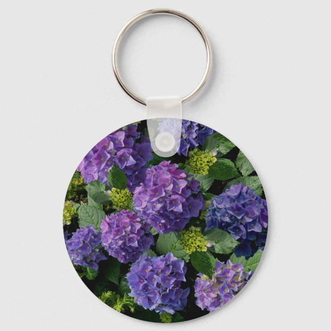 Elegant blue purple magenta green floral hydrangea key ring (Front)