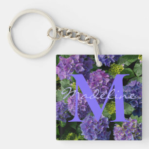 Elegant blue purple magenta green floral hydrangea key ring