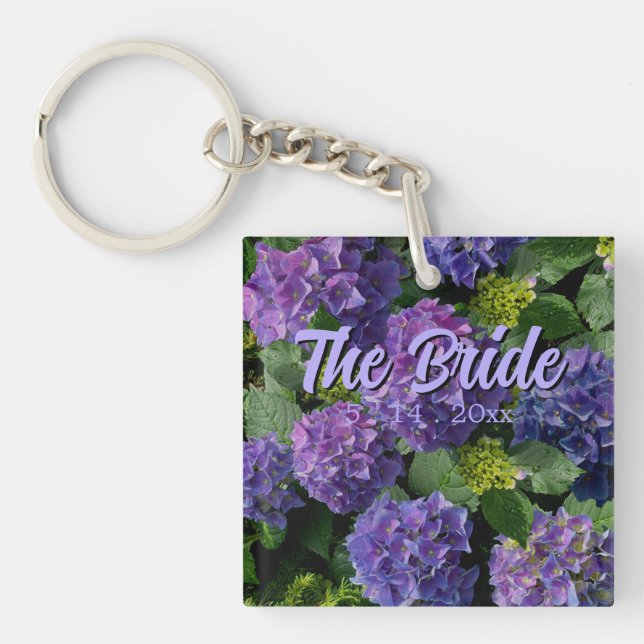 Elegant blue purple magenta green floral hydrangea key ring (Front)