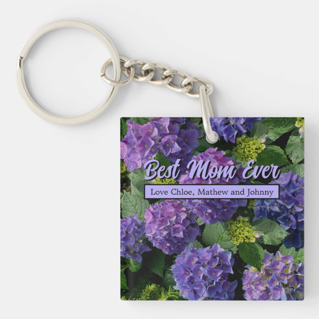 Elegant blue purple magenta green floral hydrangea key ring (Front)